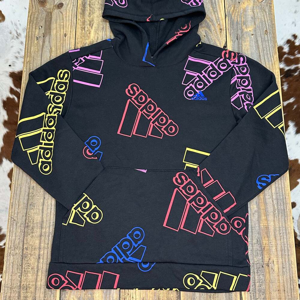 Adidas Youth Black All Over Print Hooded Pullover Size L 14/16 EUC